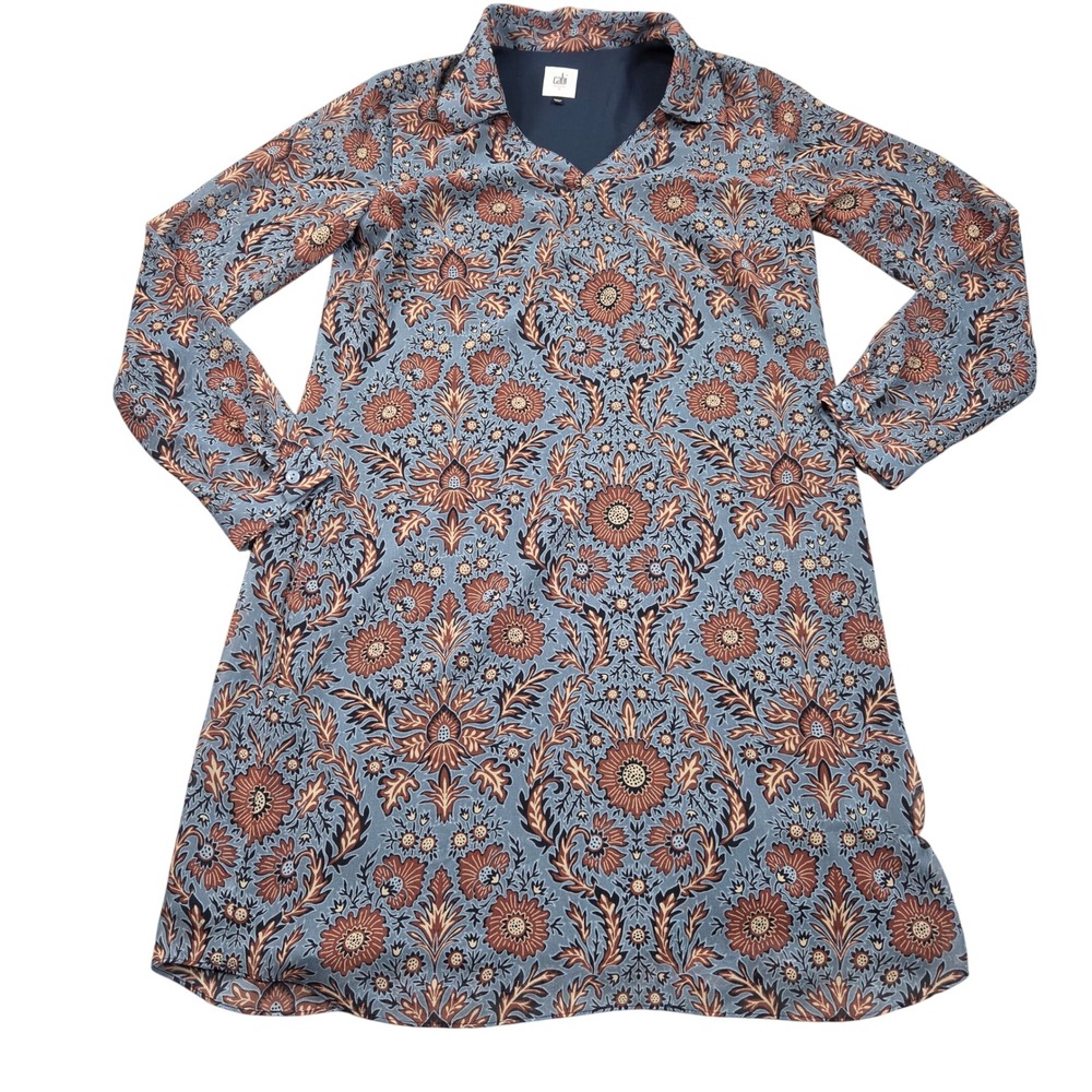 Cabi Shift Dress Womens Small Blue Rust Floral Damask Long Sleeve Collared 3295